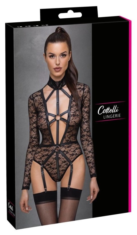 Cottelli LINGERIE - Seksowne Koronkowe Body Z Długim Rękawem Wygląd Uprzęży Czarne XL