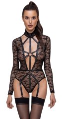 Cottelli LINGERIE - Seksowne Koronkowe Body Z Długim Rękawem Wygląd Uprzęży Czarne S