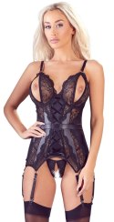 Cottelli LINGERIE - Koronkowa Koszulka Z Otwartymi Miseczkami I Stringi Bez Krocza Czarne XL