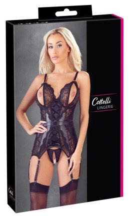 Cottelli LINGERIE - Koronkowa Koszulka Z Otwartymi Miseczkami I Stringi Bez Krocza Czarne S