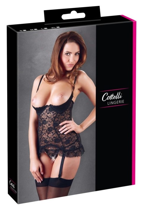 Cottelli LINGERIE - Koronkowa Koszulka Z Paskami Do Pończoch Bez Miseczek + Stringi 80B/M