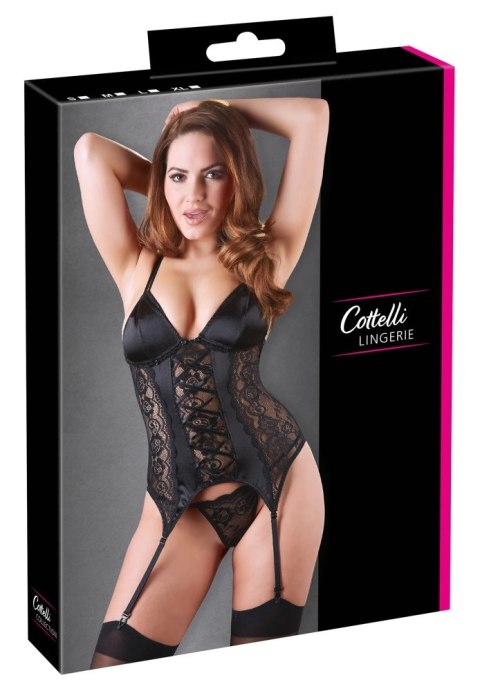 Cottelli LINGERIE - Koronkowa Koszulka Z Paskami Do Pończoch + Stringi Czarne S