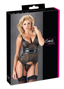 Cottelli LINGERIE - Seksowna Siateczkowa Koszulka Z Paskami Do Pończoch + Stringi Czarne S