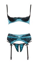 Cottelli LINGERIE - Seksowny 3-Częściowy Komplecik Z Niebieskiej Satyny I Delikatnej Koronki 75B/S