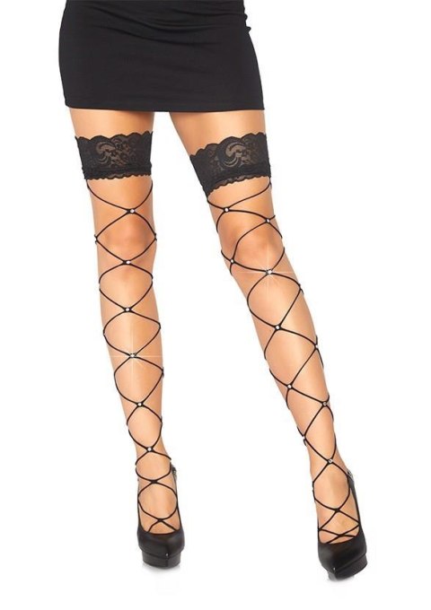 Wide net thigh high w chrystal Black