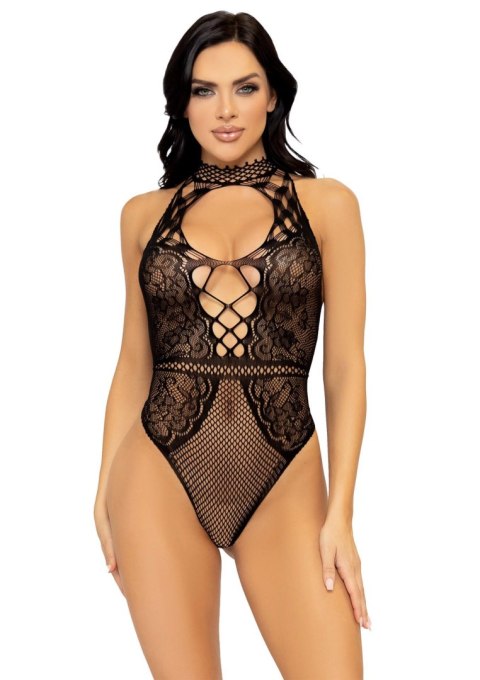 Net And Lace Keyhole Bodysuit Black