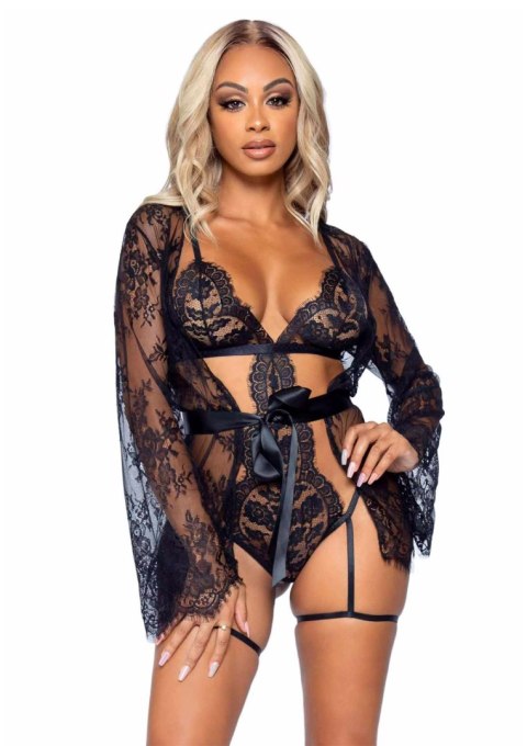 Teddy, lace robe & ribbon tie Black