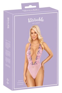 Kissable - Różowe Prześwitujące Body Z Kwiatowym Haftem L/XL