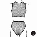 2 piece with crop top, pantie and fishnet structure.