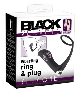 Black Velvets - Pierścień Erekcyjny Z Korkiem Analnym Wibrującym Czarny