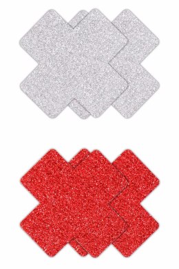 PRETTY PASTIES GLITTER CROSS RED SILVER 2 PAIR