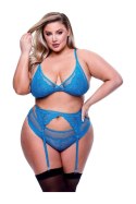 3PC LACE & MESH BRA, GARTER & PANTY SET BLUE, QUEEN